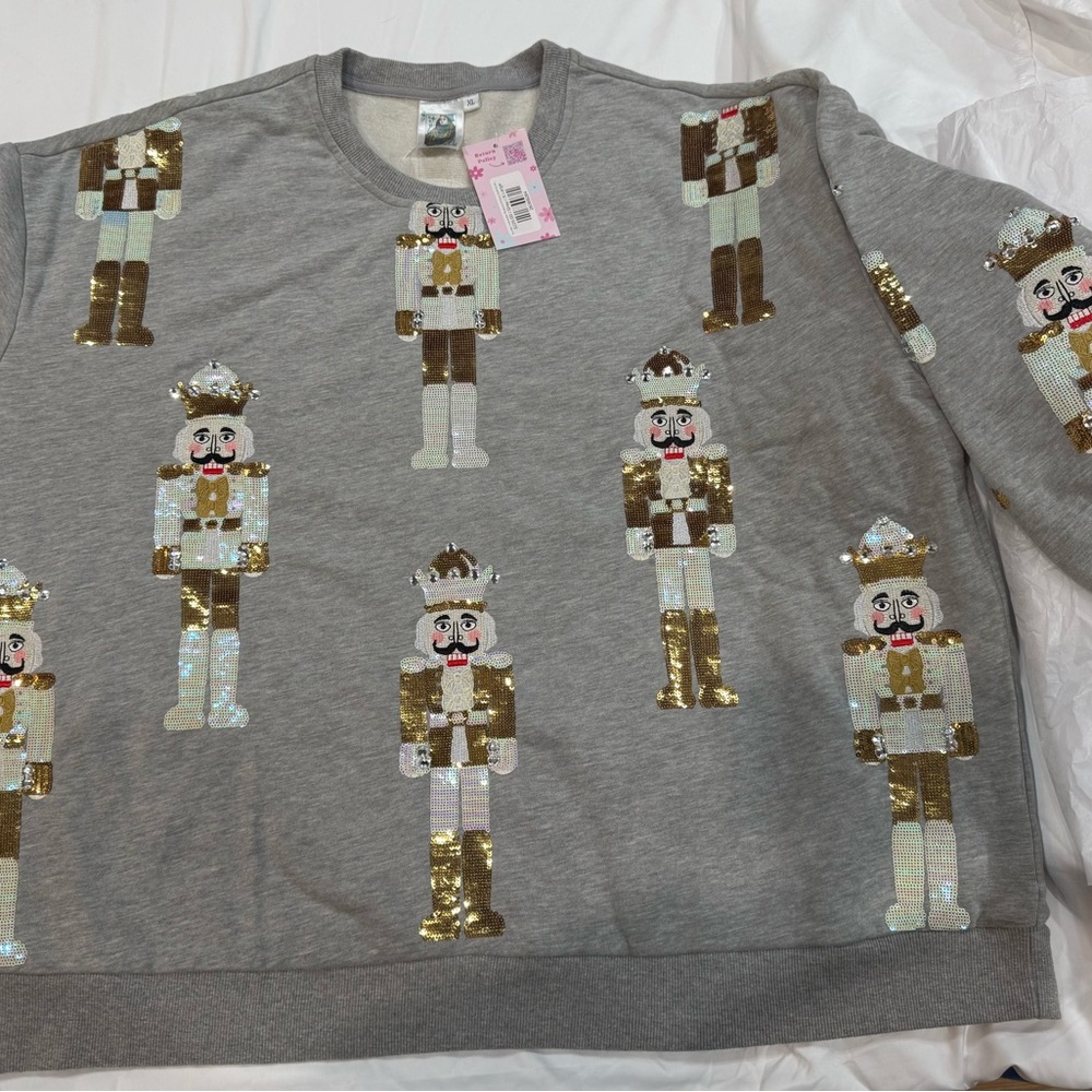 QUEEN OF SPARKLES Gray and Gold Nutcracker Crewneck